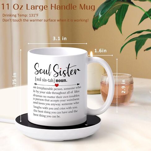 LiqCool Soul Sister Gifts for Women, Soul Sister Coffee Mug Warmer, Friendship Gifts for Women Bestie Friends, for Sister, Cool Sister Gifts for Sisters on Birthday(11 Oz, White) in Saudi Arabia