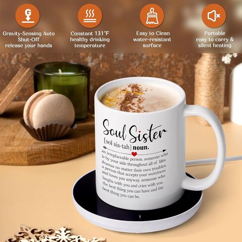 LiqCool Soul Sister Gifts for Women, Soul Sister Coffee Mug Warmer, Friendship Gifts for Women Bestie Friends, for Sister, Cool Sister Gifts for Sisters on Birthday(11 Oz, White) in Saudi Arabia