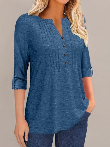 Grlasen Women's Fashion Long Sleeve T-Shirt Pleated Button V-Neck Solid Color Casual Tunic Top in Kuwait