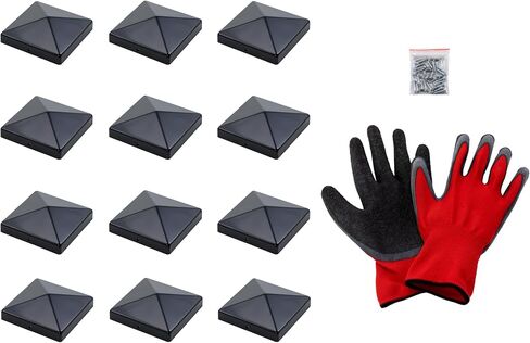 Pyramid Aluminum Fence Post Caps 12 Pack Black Fits Posts 4" (10.16cm) x 4" (10.16cm) with 2 Steel Attachment Screws Per Cap and Includes a Handy Pair of Work Gloves in Saudi Arabia