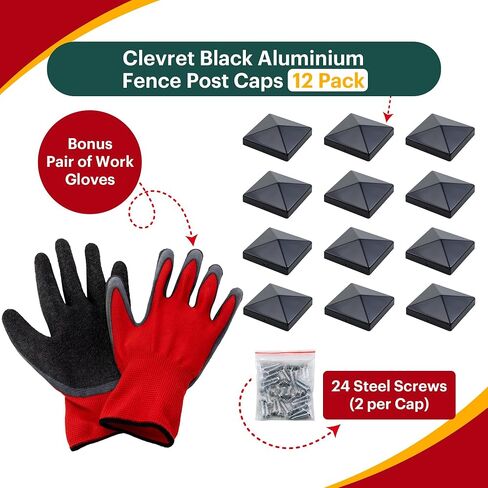 Pyramid Aluminum Fence Post Caps 12 Pack Black Fits Posts 4" (10.16cm) x 4" (10.16cm) with 2 Steel Attachment Screws Per Cap and Includes a Handy Pair of Work Gloves in Saudi Arabia