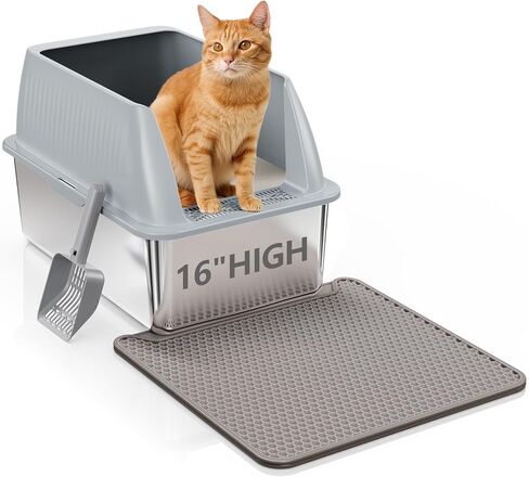 16" Stainless Steel Cat Litter Box with Lid, XL Stainless Steel Litter Box for Cats, Extra Deep Metal Litter Box, Odor-Urine-Proof, Non-Sticky, Easy Rinse Cleaning (Grey, X-Large) in Saudi Arabia