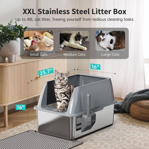 16" Stainless Steel Cat Litter Box with Lid, XL Stainless Steel Litter Box for Cats, Extra Deep Metal Litter Box, Odor-Urine-Proof, Non-Sticky, Easy Rinse Cleaning (Grey, X-Large) in Saudi Arabia