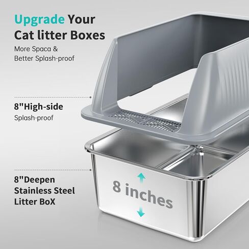 16" Stainless Steel Cat Litter Box with Lid, XL Stainless Steel Litter Box for Cats, Extra Deep Metal Litter Box, Odor-Urine-Proof, Non-Sticky, Easy Rinse Cleaning (Grey, X-Large) in Saudi Arabia