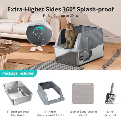 16" Stainless Steel Cat Litter Box with Lid, XL Stainless Steel Litter Box for Cats, Extra Deep Metal Litter Box, Odor-Urine-Proof, Non-Sticky, Easy Rinse Cleaning (Grey, X-Large) in Saudi Arabia
