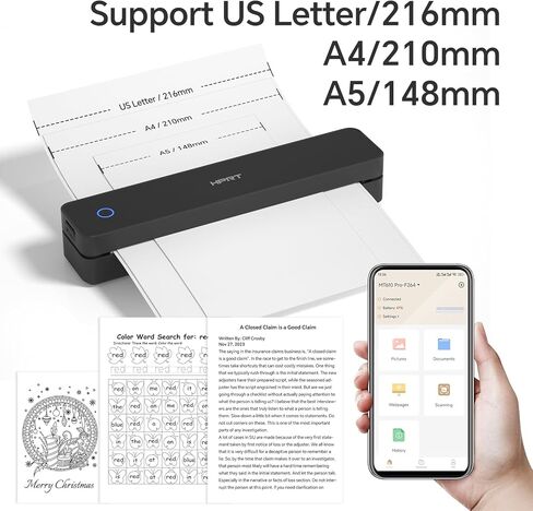 HPRT MT610 Pro Portable Printer Wireless for Travel, Support 8.5x11 US Letter&A4 Thermal Paper, Bluetooth Thermal Printer, Compatible with Android and iOS Phone & Laptop, Inkless Printer, White in Kuwait