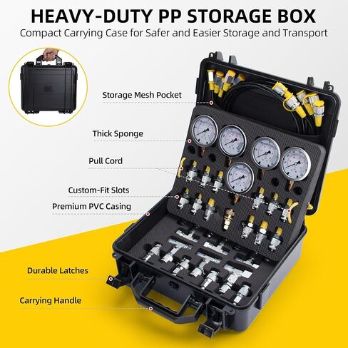 مجموعة اختبار الضغط الهيدروليكي - تتضمن 4 مقاييس اختبار هيدروليكية، و9 وصلات اختبار، وموصل سريع للكارتر، و3 خراطيم اختبار، وغلاف من الألومنيوم عالي الجودة in Kuwait
