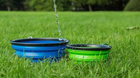 Set of 2 Collapsible Pet Bowls Small + Large with Carabiner Clips | BPA Free Food Grade Silicon 2 Pc Dog and Cat Expandable Travel Bowls | Bright Yellow, Pink and Black Pop Out Dog Bowls in Kuwait