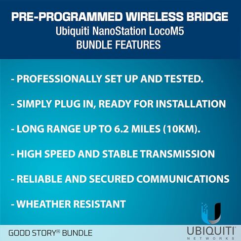 جسر لاسلكي LOCOM5 حزمة مبرمجة مسبقًا مكونة من 2 Ubiquiti Nanostation LOCO M5، جسر واي فاي خارجي من نقطة إلى نقطة، توصيل وتشغيل، 5 جيجا هرتز، 150+Mbps، 15+كم جسر لاسلكي لشبكة النطاق. in Saudi Arabia