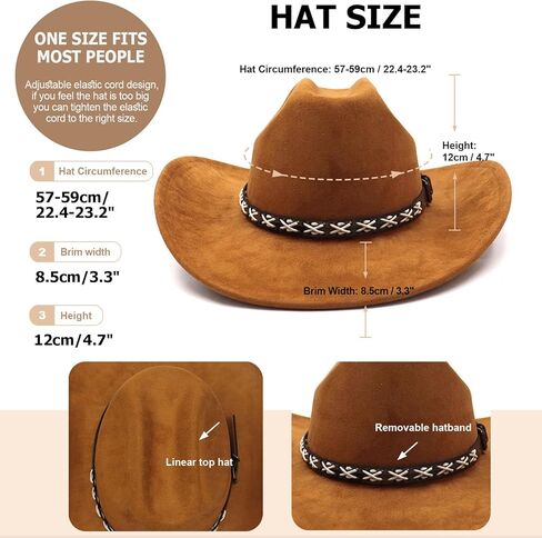 قبعة رعاة البقر الغربية من جلد الغزال للنساء والرجال بحافة واسعة قبعة رعاة البقر الكلاسيكية مع حزام مشبك قبعة فيدورا in Kuwait