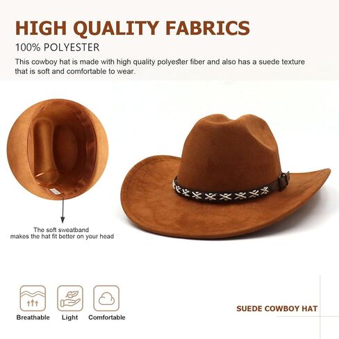 قبعة رعاة البقر الغربية من جلد الغزال للنساء والرجال بحافة واسعة قبعة رعاة البقر الكلاسيكية مع حزام مشبك قبعة فيدورا in Kuwait