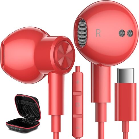 USB C Headphones, Type C Earphones for Samsung Galaxy S20 S21 S22 S23 S24 FE Ultra for iPhone 15 16 Pro Max Magnetic Wired Earbuds Microphone for Google Pixel 9 8 8A 7 7A 6A 6 Android Red in Saudi Arabia