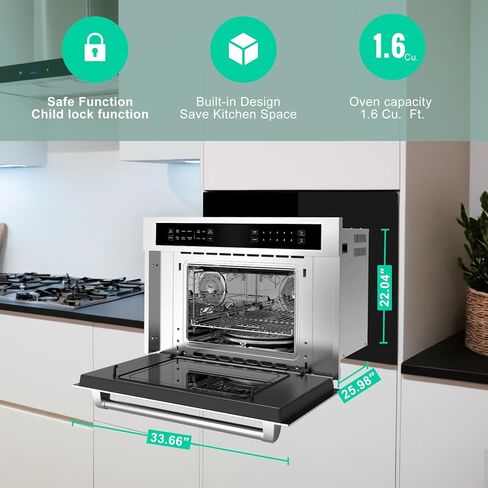 فرن ميكروويف حراري 30 بوصة، 1.6 قدم مكعب. قدم. فرن ميكروويف مدمج مع مقلاة هوائية، قفل أمان للأطفال، باب منسدل، تحكم باللمس، لحلول طهي متعددة الاستخدامات in Kuwait