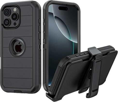 for Apple iPhone 16 Pro Max Case with Belt Clip & Kickstand, Full-Body Protection Multi Layers Rugged Case with Belt Holster for Apple iPhone 16 Pro Max 6.9 inch (Black) in Saudi Arabia