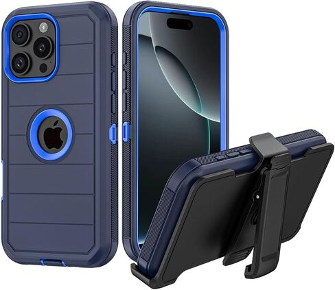حافظة لهاتف Apple iPhone 16 Pro Max مع مشبك حزام ومسند، حافظة متينة متعددة الطبقات لحماية الجسم بالكامل مع حزام حزام لهاتف Apple iPhone 16 Pro Max 6.9 بوصة (أسود) in Kuwait