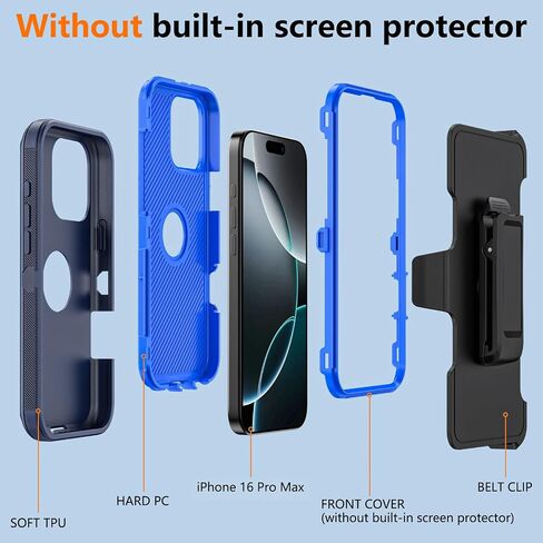 حافظة لهاتف Apple iPhone 16 Pro Max مع مشبك حزام ومسند، حافظة متينة متعددة الطبقات لحماية الجسم بالكامل مع حزام حزام لهاتف Apple iPhone 16 Pro Max 6.9 بوصة (أسود) in Kuwait