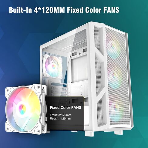 RUIX CV103 ATX Mid-Tower PC Case, Pre-Installed 4 x 120mm RGB Fans, RGB Color Lighting, Tempered Glass, USB 3.0, Gaming Computer Case, High-Airflow - White in Saudi Arabia