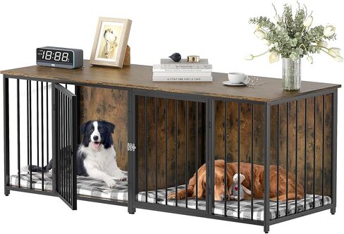 أثاث DWVO Double Dog Kennel Furniture، أثاث قفص للكلاب مقاس 80.2 بوصة مع مقسم، وحامل تلفزيون مزدوج للكلاب لكلبين متوسطين، بني in Saudi Arabia