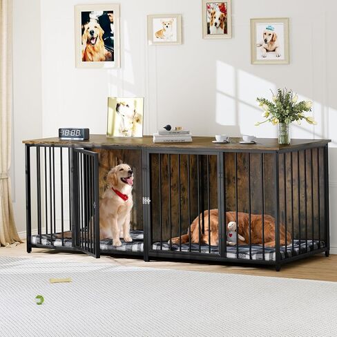 أثاث DWVO Double Dog Kennel Furniture، أثاث قفص للكلاب مقاس 80.2 بوصة مع مقسم، وحامل تلفزيون مزدوج للكلاب لكلبين متوسطين، بني in Saudi Arabia
