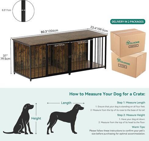 أثاث DWVO Double Dog Kennel Furniture، أثاث قفص للكلاب مقاس 80.2 بوصة مع مقسم، وحامل تلفزيون مزدوج للكلاب لكلبين متوسطين، بني in Saudi Arabia