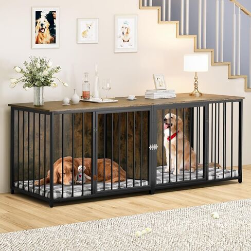 أثاث DWVO Double Dog Kennel Furniture، أثاث قفص للكلاب مقاس 80.2 بوصة مع مقسم، وحامل تلفزيون مزدوج للكلاب لكلبين متوسطين، بني in Saudi Arabia