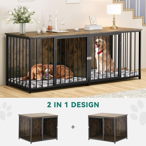 أثاث DWVO Double Dog Kennel Furniture، أثاث قفص للكلاب مقاس 80.2 بوصة مع مقسم، وحامل تلفزيون مزدوج للكلاب لكلبين متوسطين، بني in Saudi Arabia