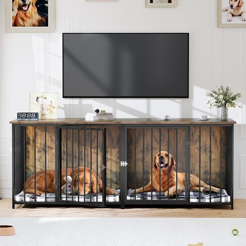 أثاث DWVO Double Dog Kennel Furniture، أثاث قفص للكلاب مقاس 80.2 بوصة مع مقسم، وحامل تلفزيون مزدوج للكلاب لكلبين متوسطين، بني in Saudi Arabia