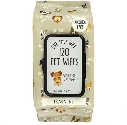 Pet Wipes (120 Count) - Extra Gentle Deodorizing Dog Grooming Wipes with Aloe Vera and Vitamin E, Alcohol Free - Fresh Scent (Live. Love. Wipe.) in Kuwait