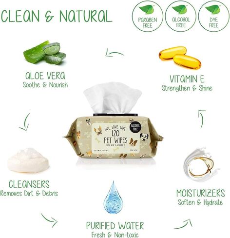Pet Wipes (120 Count) - Extra Gentle Deodorizing Dog Grooming Wipes with Aloe Vera and Vitamin E, Alcohol Free - Fresh Scent (Live. Love. Wipe.) in Kuwait