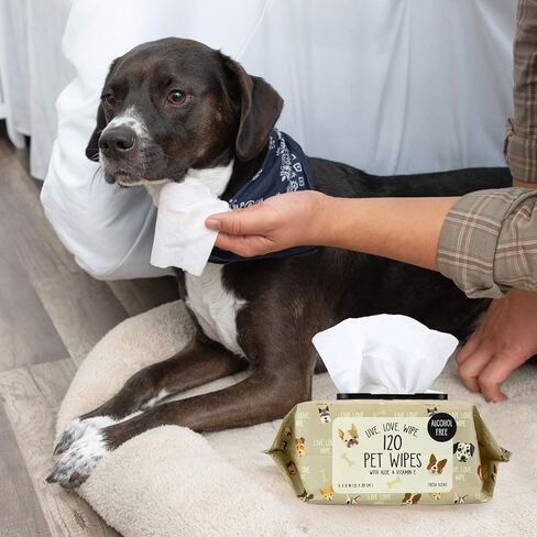 Pet Wipes (120 Count) - Extra Gentle Deodorizing Dog Grooming Wipes with Aloe Vera and Vitamin E, Alcohol Free - Fresh Scent (Live. Love. Wipe.) in Kuwait