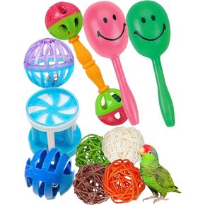 10-Pack Bird Toys for Conures, Budgies, Parakeets, Cockatiels, and Lovebirds - Colorful Foraging Toys with Bells, Sturdy Hard Plastic & Natural Rattan, Small Bird Cage Accessories