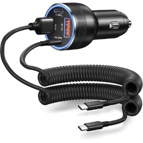 Car Charger for iPhone 16/15 Pro Max,OKRAY 65W 4-Port PD30W+QC3.0 USB C Fast Car Charger Cigarette Lighter Adapter & 2×5FT USB C Coiled Carplay Cable for iPhone 15 16 Pro Max Plus,Galaxy,Pixel,Android