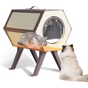 Heated Cat House for Outdoor Winter,Combined Cat Condo with Adjustable Temperature and Time， Insulated Outdoor or Indoor Cat Shelter for Feral with Escape Door (White and Brown, 1 Set)