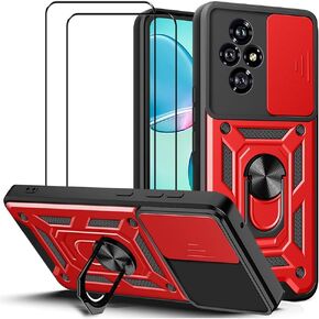 Case for Huawei Honor 200 Pro with Tempered Glass Screen Protector [2 Pack],Sliding Camera Window, Kickstand, Shock-Proof Anti-Scratch Dual-Layer Phone Cover, Black