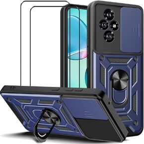Case for Huawei Honor 200 Pro with Tempered Glass Screen Protector [2 Pack],Sliding Camera Window, Kickstand, Shock-Proof Anti-Scratch Dual-Layer Phone Cover, Black