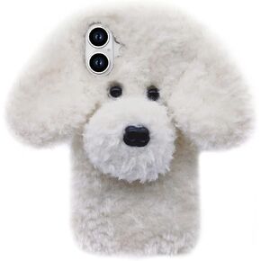 Losin Compatible with iPhone 16 Plus Case Cute Plush Furry Dog Phone Case for Women Girls Girly 3D Cartoon Kawaii Case Soft TPU Shockproof Protective Cover for iPhone 16 Plus, Gray