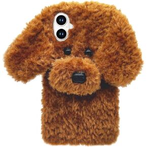 Losin Compatible with iPhone 16 Plus Case Cute Plush Furry Dog Phone Case for Women Girls Girly 3D Cartoon Kawaii Case Soft TPU Shockproof Protective Cover for iPhone 16 Plus, Gray