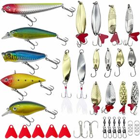 40 Pcs Fishing Bait Lures Kit, Tackle Box with Tackle Included,Minnow, VIB, Pencil, Popper, Crank, Spoons, Weights Other Accessories, Bass Fishing Lure Set for Beginner and Experienced
