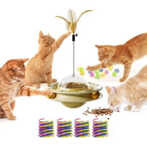 SEVENKA Cat Toys, 4in1 Interactive Kitten Toy, Fluttering Feather Toy, Track Ball, 16 Cat Spiral Spring, Slow Cat Treats Dispenser Cat Feeder Cat Food Dispensing Pet Supplies, Indoor Exercise Kicker