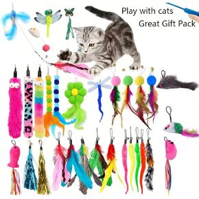 (1+X) Interactive Cat Toy 1PC Retractable Wand Toy and Random 5/10/20/28PCS Feather Toys Refills, Pole Toy for Bored Indoor Cats Chase and Exercise (30pcs(2+Random28pcs))