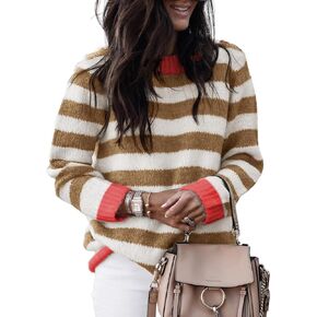 Dokotoo Sweaters for Women 2023 Crewneck Striped Cute Color Block Fall Winter Knitted Pullover Tops