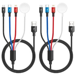 2Pack Travel Multi Charging Cable for Apple Watch Charger, Magnetic Wireless Charger, 4 in 1 Braided Multi Charger USB C/Lightning/Micro Port for iWatch Series UItra/SE/10-1/iPhone 16 15 14/Galaxy-4Ft