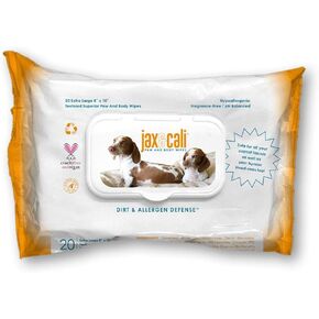 JAX & CALI Pet Wipes, Natural Textured Paw and Body Wipes, Hypoallergenic, pH Balanced, Vitamins B3 & E, Soothing Aloe, No Fragrance, Holistic, Cruelty Free, Dogs & Cats, Extra Large 8"x10", 20 Wipes
