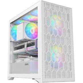 حافظة SAMA V Mesh Mid-Tower ATX، حافظة كمبيوتر مثبتة مسبقًا 3X 140 مم ARGB PWM Fan، حافظة كمبيوتر ألعاب عالية تدفق الهواء مع لوحات شبكية أمامية وألواح جانبية من الزجاج المقسى، أسود