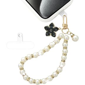 Phone Charm Cute Phone Wrist Strap Lanyard Bow Pearl iPhone Wristlet Chain Hands-Free Bling Smartphones Case Accessories with Tether Tab for Women Girls, White/Green