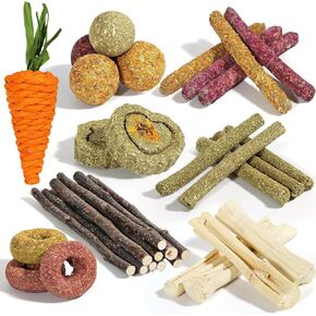34 PCS Bunny Chew Toys for Rabbit, Rabbit Toys, Natural Rabbit Treats for Bunnies Chinchillas, Guinea Pigs Teeth Care