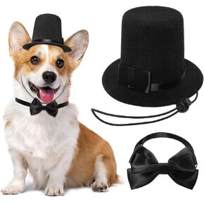 Pet Formal Accessories Set 2 Pcs Dog Costume Top Hat with Formal Pet Tuxedo Bowtie/Necktie Birthday Party Halloween Gradation Christmas Dog Cat Costumes Accessories Black One Size