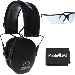 Walker's Razor Slim Ultra Low Profile Compact Design Adjustable Hearing Protection Electronic Earmuffs - Black, Bundle Game Ear Sport Glasses - Clear Lens., ‎One Size