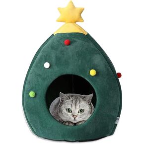 ShellKingdom Christmas Cat House, Cat Bed with Tree Shape for Christmas, Doggy House with Bed Cushion - Pet Indoor Pet Cat and Puppy Bed 17.71 x 15.74 inches (Green)