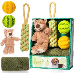 Dog Toys Set with Cute Bear Plush Toys Soft Squeaker, 2 Ball Toys of 2.75 inch, Cotton Teeth Cleaning Rope Toys and Premium Soft Dog Blanket Washable.Dog Gifts for Puppies and Senior Pups BROWN